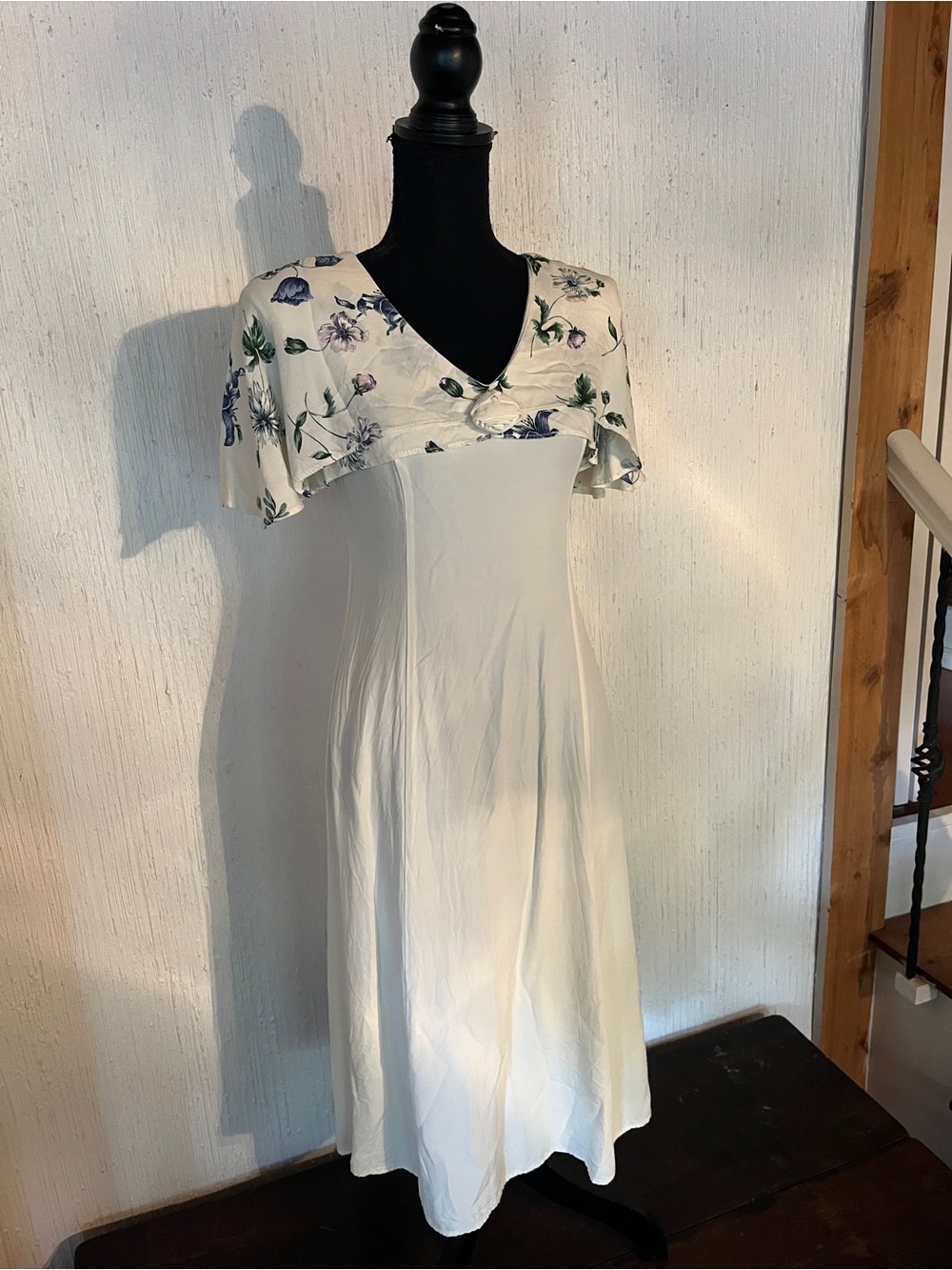 Ivory Maxi Dress with Floral Yoke and Flutter Sleeves